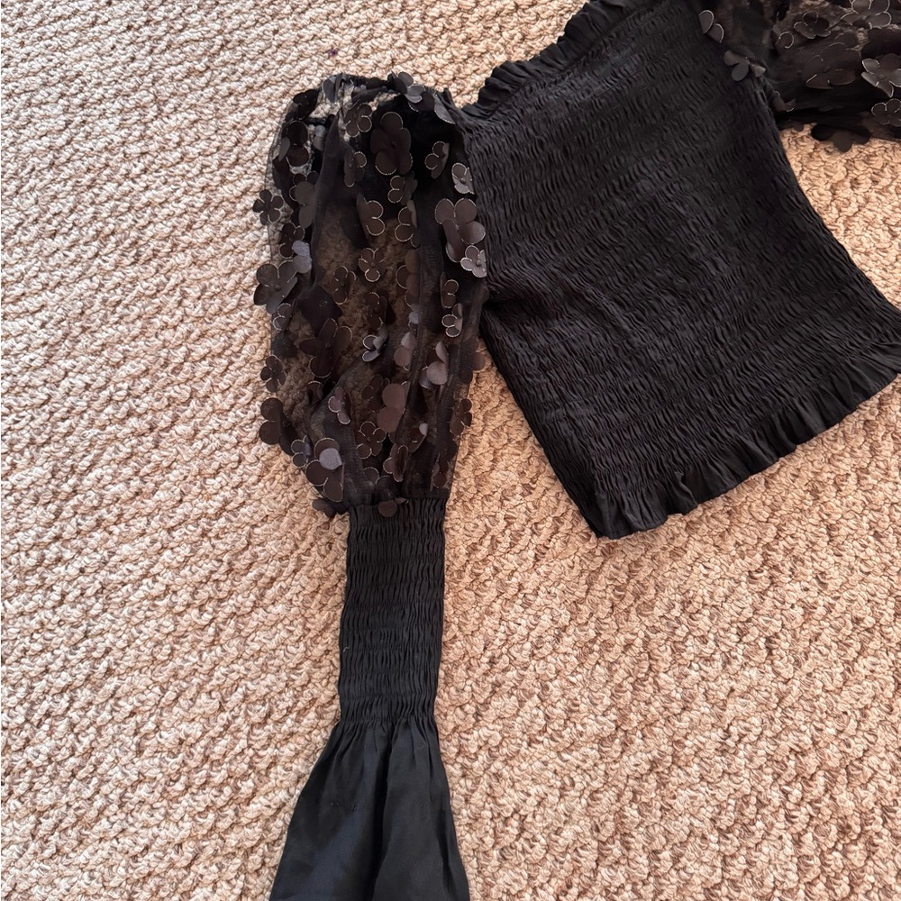 XS-S Black Top with Ruffle Flower Sheer Puffy Sleeves